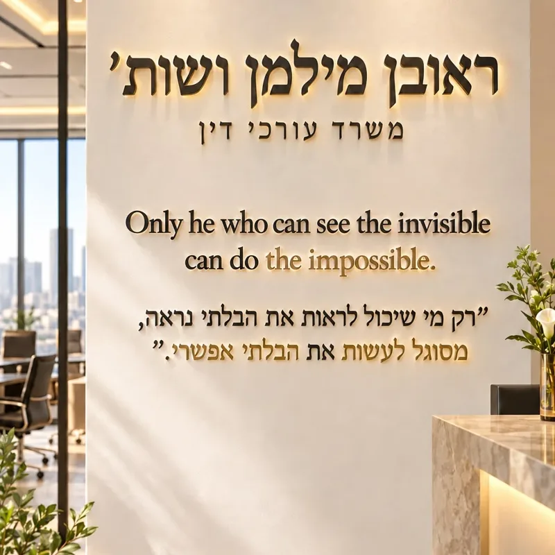קיר המוטו של משרד עורכי דין ראובן מילמן ושות': רק מי שיכול לראות את הבלתי נראה, מסוגל לעשות את הבלתי אפשרי